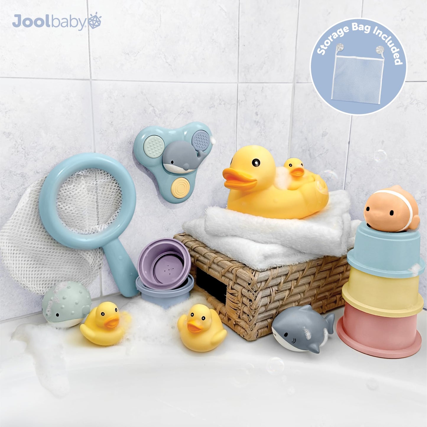 Jool Baby 15-Piece Bathtub Toys Gift Set – Bath Squirts, Rubber Ducks, Whale Fidget Spinner Toy – Bath Toy Storage Organizer Included