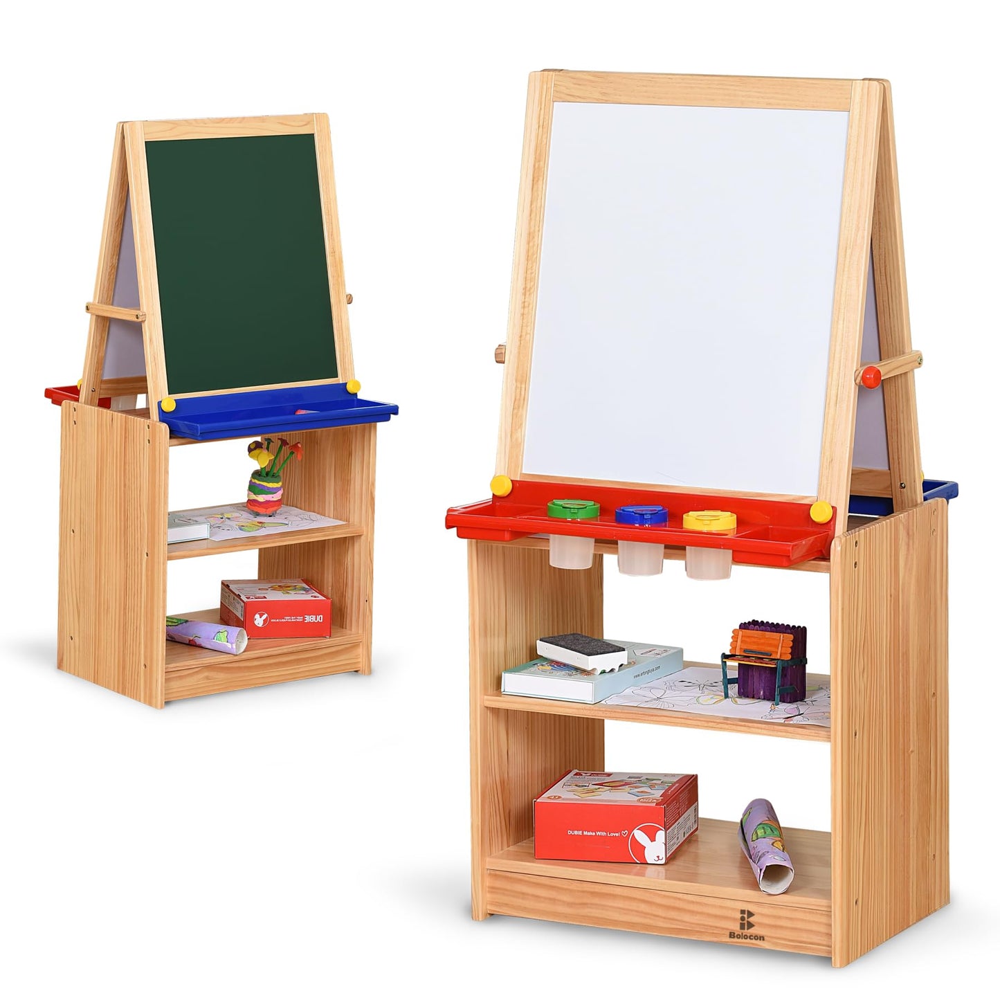 Bolocon Dual-Sided Magnetic Art Easel, Wooden Activity Station w/ 2-Tier Storage Cabinet, Art Center for Toddlers, Classroom Whiteboard & Chalkboard