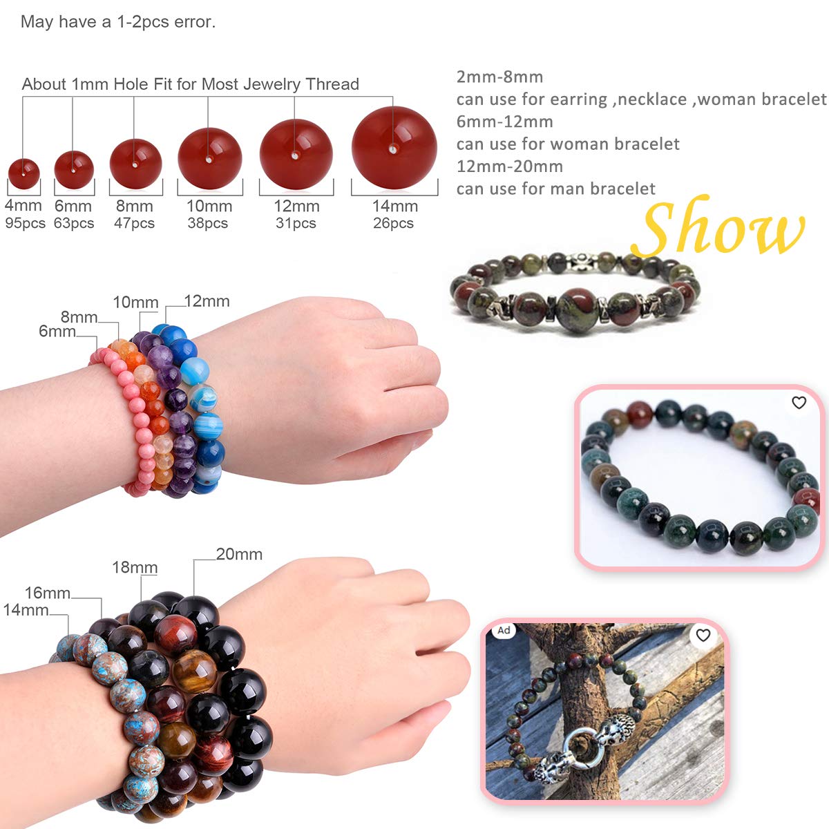 GEM-Inside Natural 8mm Africa Bloodstone Gemstone Loose Beads Round Crystal Energy Stone Power Beads for Jewelry Making 15"