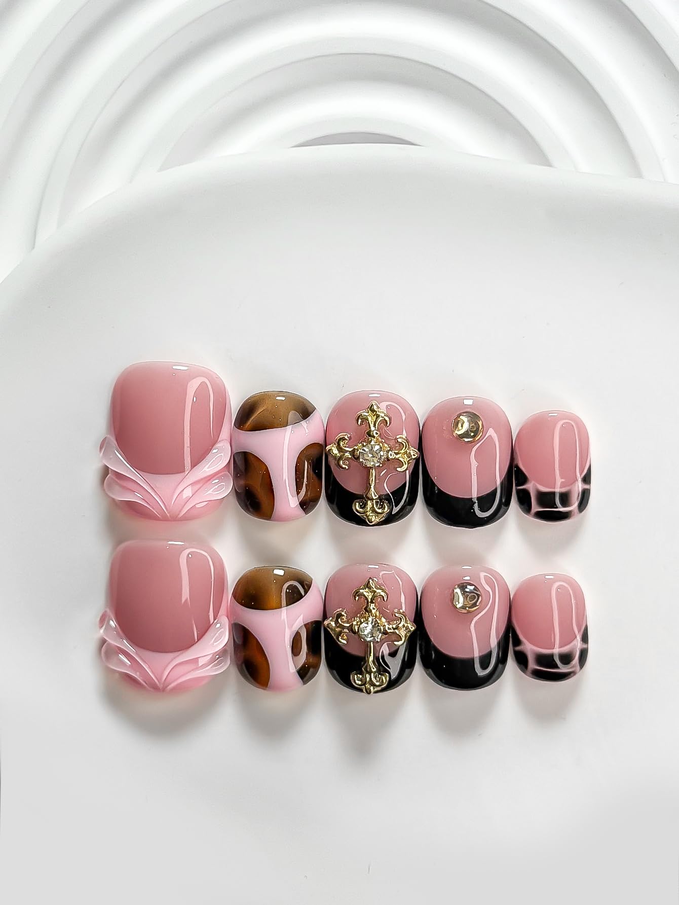 Curatique Handmade Press on Nails - Artificial Acrylic Nails Blue French Tips Stick on Nails 3D Pearl Fake Fingernail Summer False Nails for Women Manicure 10 Pcs (Pink Grunge, M, Almond)