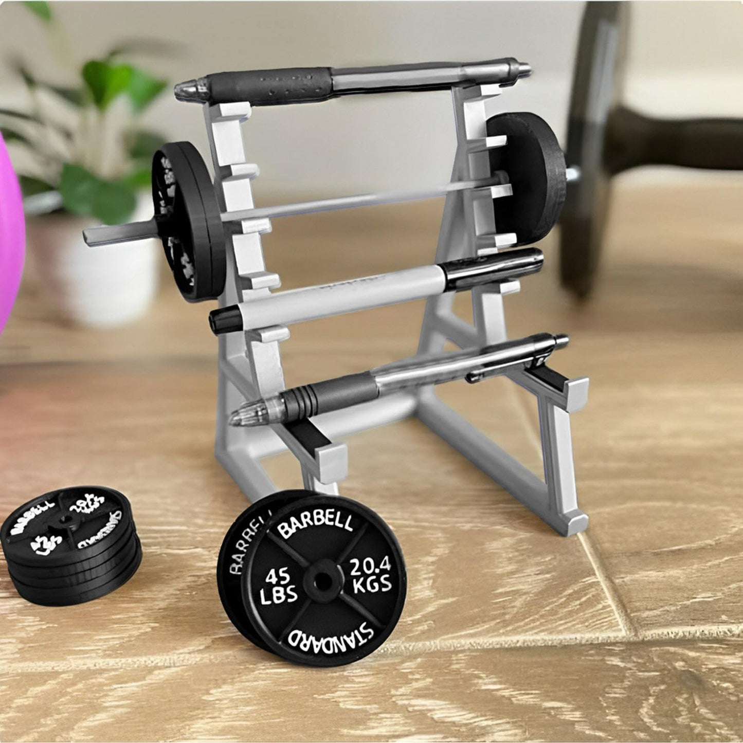 EKDJKK Squat Rack Pen Holder, Modern A-Frame Style, Gray Plastic, Fun Desk Gym Decor with Weights & Barbells