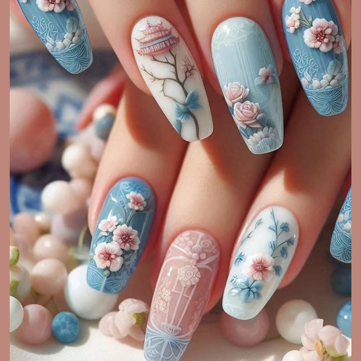 Chinese Style Begonia Press on Nails Medium Ballet Shaped Light Blue False Nails Flower Acrylic Nails Full Cover Stick on Nails Floral Design Artificial Coffin Nails Reusable Glue on Nails for Women