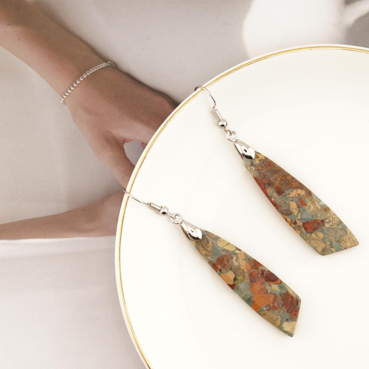 Jasper Stone Earrings for Women Trendy Dangle Earrings Fishhook Drop Earrings (Brown-Silver Hook)