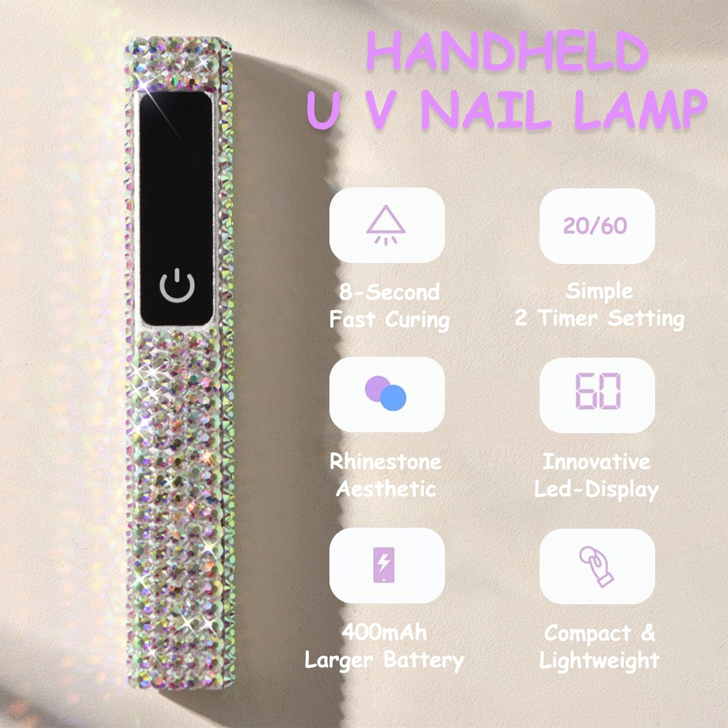HEVOY Crystal Rhinestone UV Nail Lamp, Artificial Bling Handheld UV Light for Nails, Portable Mini Nail Light with 2 Timer and LED Display, Rechargeable USB Nail Dryer for Fast Curing Gel Polish