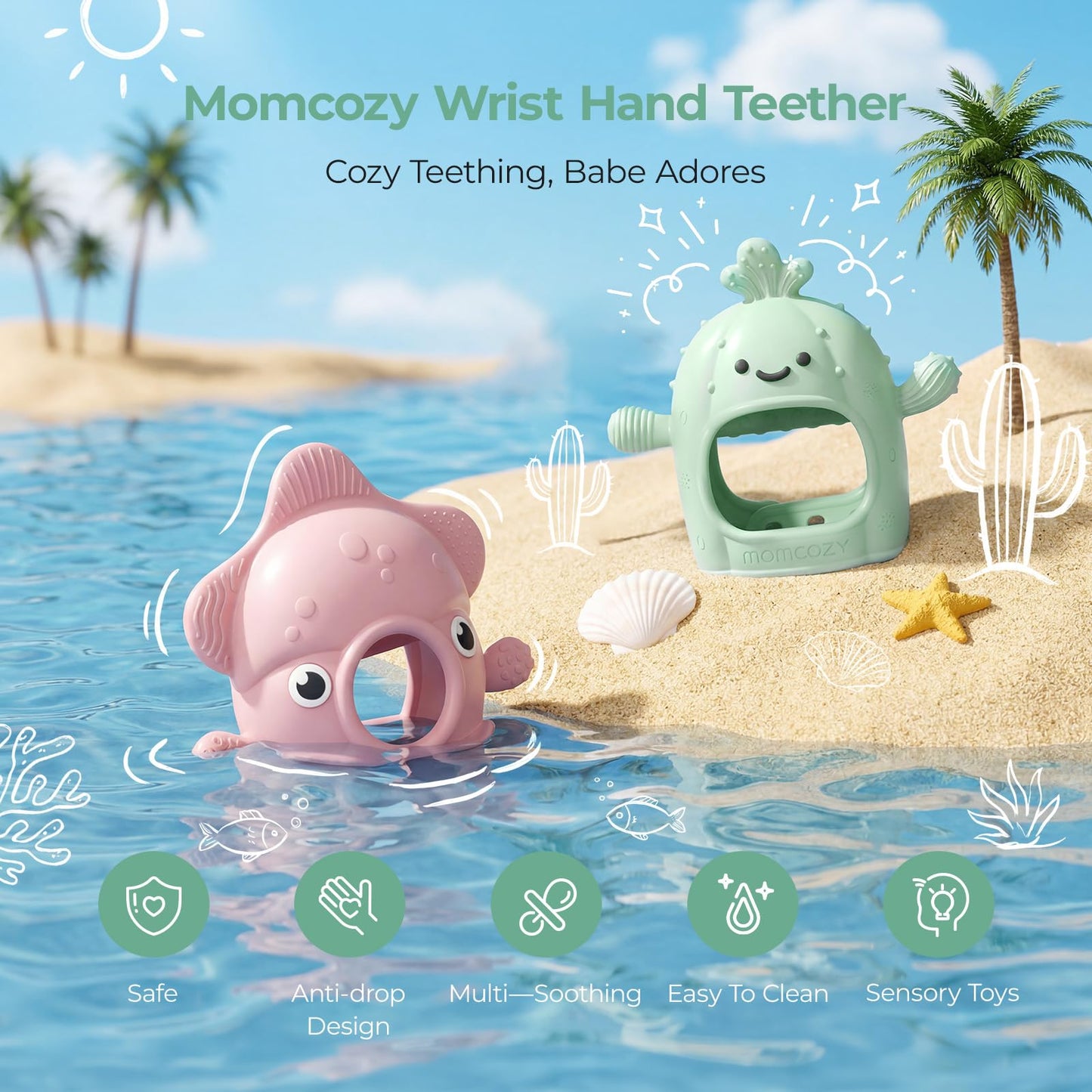 Momcozy 2 Pack Baby Teething Toys, Food Grade Silicone Baby Teether for 0-6 6-12 Months, Anti-Drop Wrist Mitten Set, Baby Essentials Teething Relief, 200°C Sterilizer Safe， Pink & Mint Green