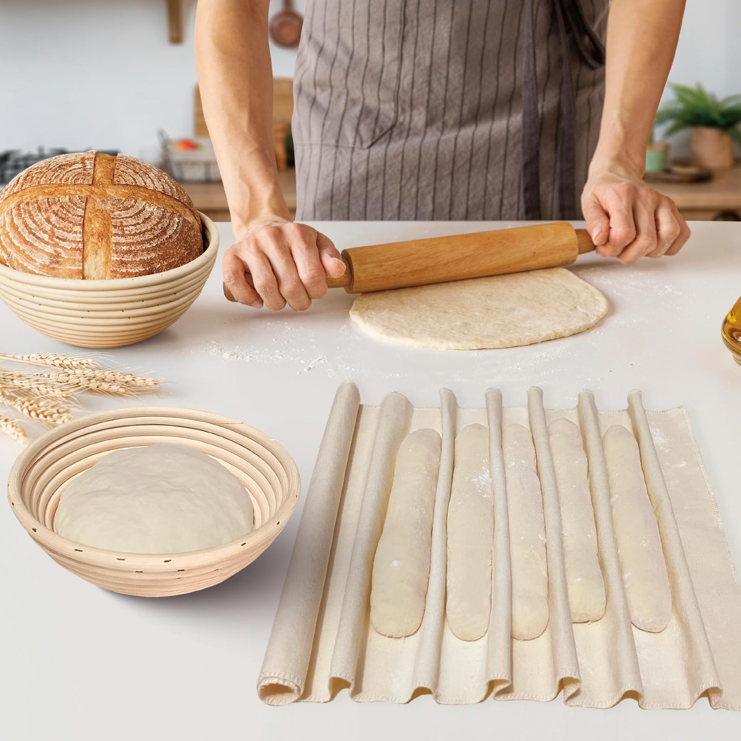 Bread Proofing Basket Set of 2: 9.8 Inch Sourdough Proofing Baskets with 17"x29" Proofing Cloth for Bread Baking, 2 Proofing Bowls and Bread Couthe Cloth for Baguettes, Loaves