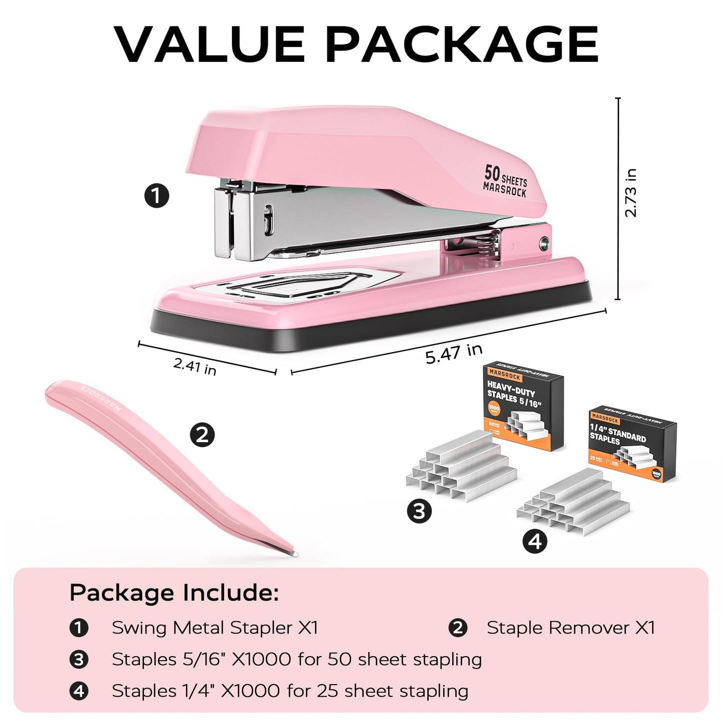 Marsrock Desktop Stapler, Swing-Arm Swivel Stapler, 50 Sheet Capacity, 2000 Staples and Staple Remover, Rotatable Heavy Duty Staplers for Office, Home, Classroom, Booklet, Book Binding,Pink