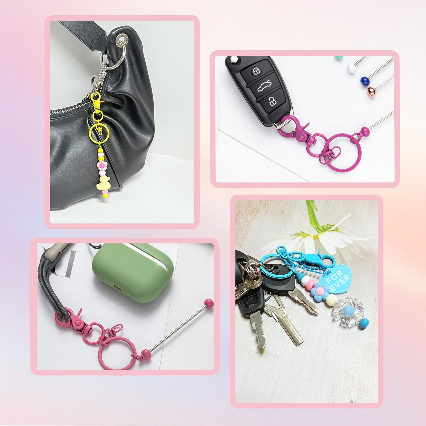 40 Pcs Beadable Keychain Bars Making Kit, 20 pcs Beaded Keychains Bulk + 20 pcs Holographic Packaging Bags,Colorful Bead Keychain Supplies kit for DIY Beads Purse Keychains Pendant Gifts Craft