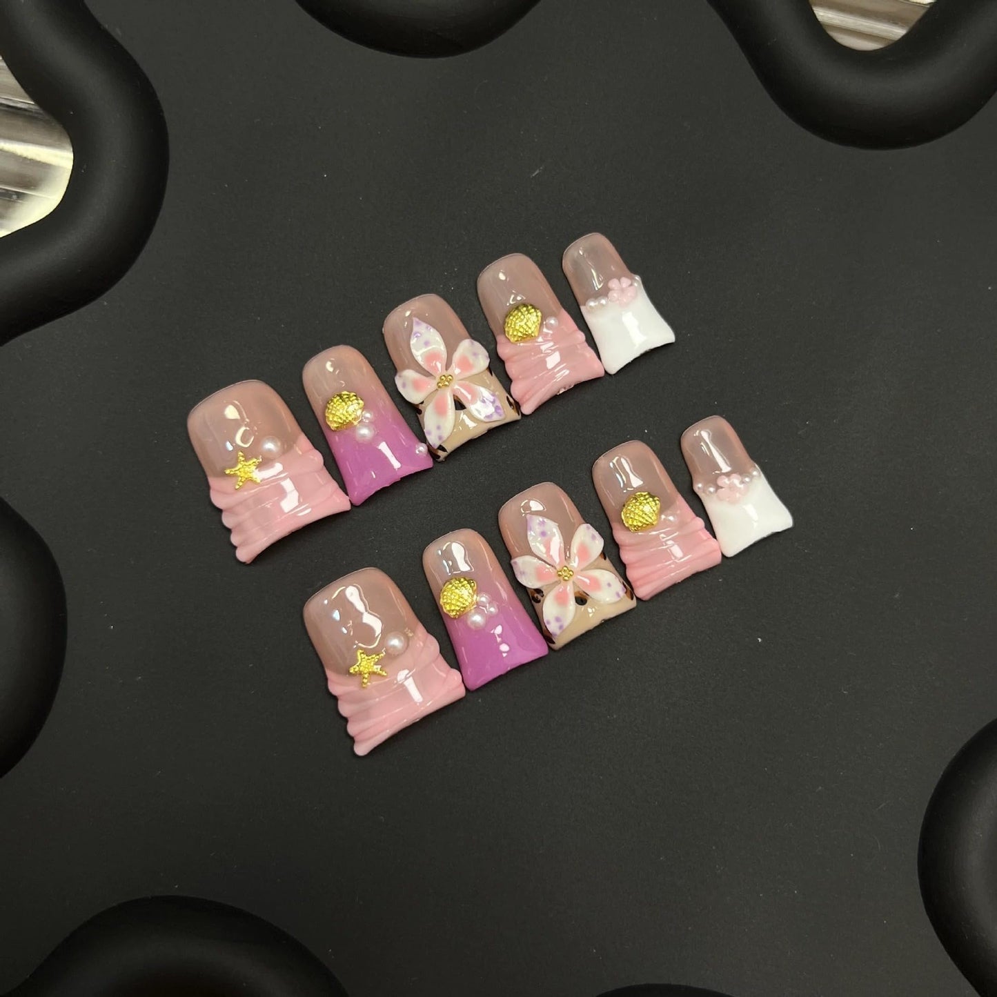 10pcs Handmade Press on Nails for Women - Medium Duck Curve 3D Thick Acrylic Fake Nails Reusable,Designer Floral Butterfly Rhinestones Bling Boho Funky Y2k Nail-art Set,M,pink floral