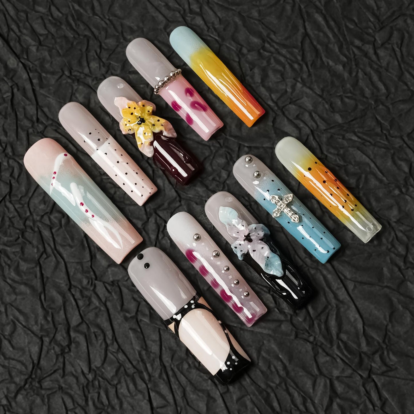 Tesytto Luxury Handmade Press on Nails - Long Square French Tips Press on Nail with 3D Flowers & Rhinestones Cross Design，Multi-Layer Gel False Nails for Women (Ice Crystal Water Lily,M)