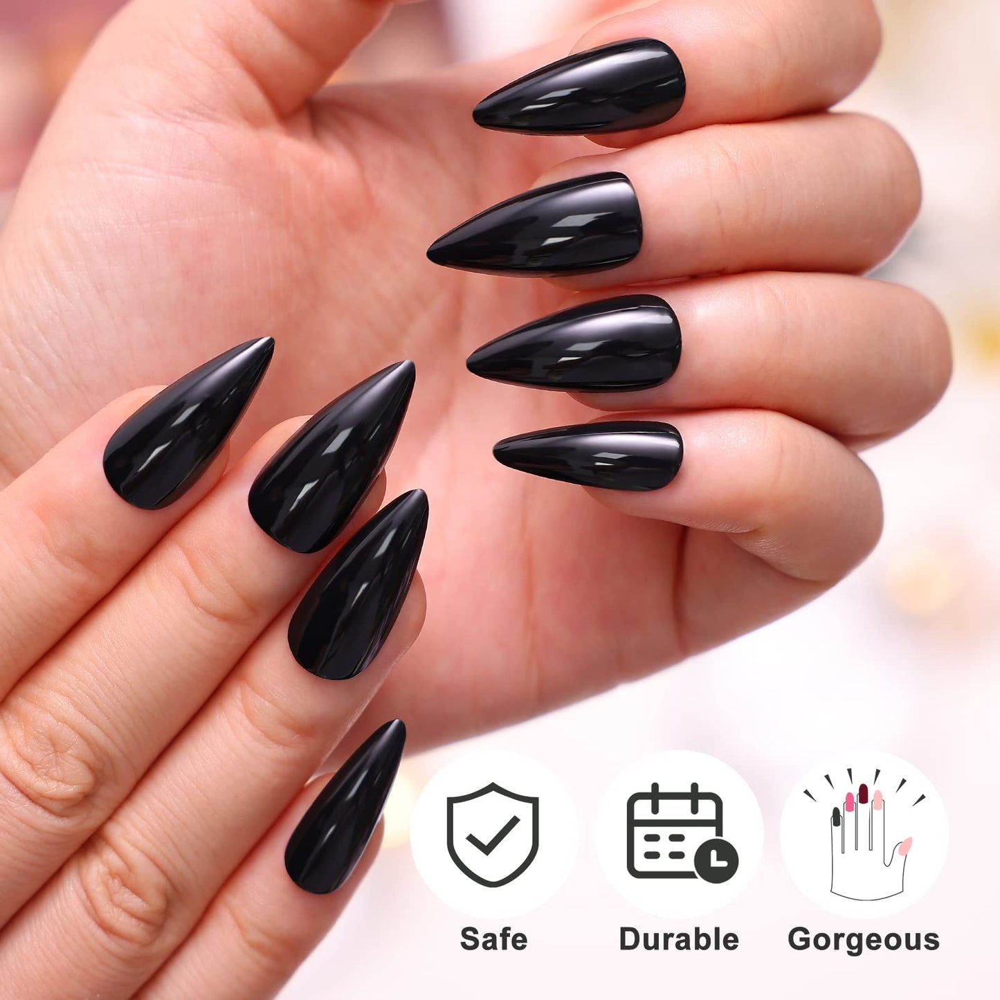 Morily Press-On Nails Bundle | Black Stiletto Glossy & Black Stiletto Matte | 24Pcs Each Set, Medium Length Long False Fake Nails