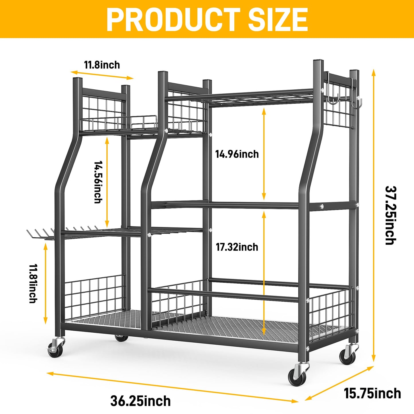 Ultrawall Garden Tool Organizer, Yard Tool Storage Rack for Garage Organization with Lockable Wheels, Garden Tool Stand for Rake, Brooms, Indoor & Outdoor Use