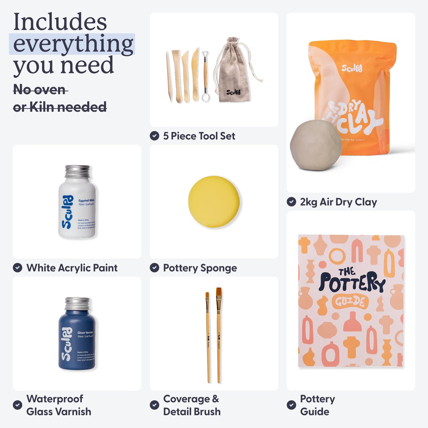 Sculpd - The Original Pottery Kit for Adults - Air Dry Clay for Adults, Tools, Varnish, Brushes, Mother's Day Activities, Arts & Crafts Set, Gloss Varnish