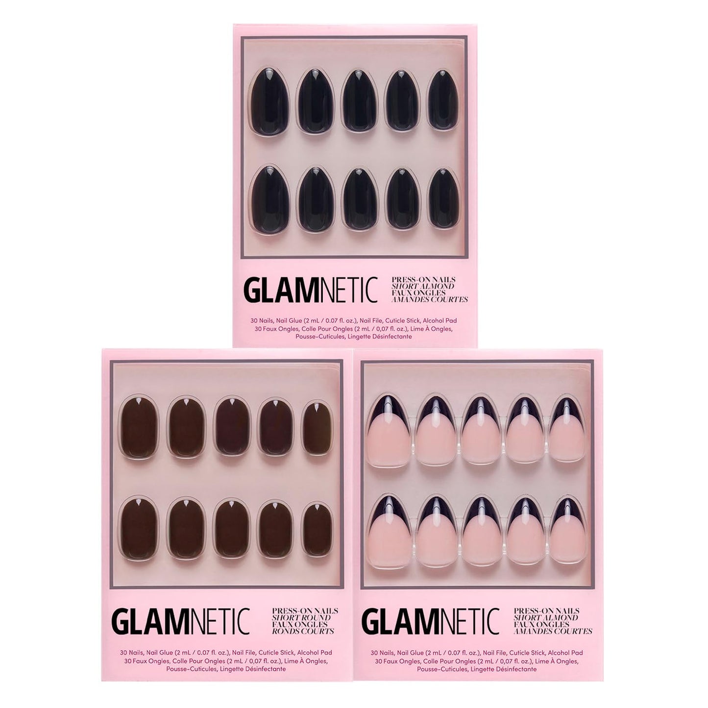 Glamnetic Press-On Nails Bundle - Bark Brown, Caviar & Boba | Dark Brown Round False Nails | Almond Black French Tip Fake Nails | Opaque Black Almond Nails