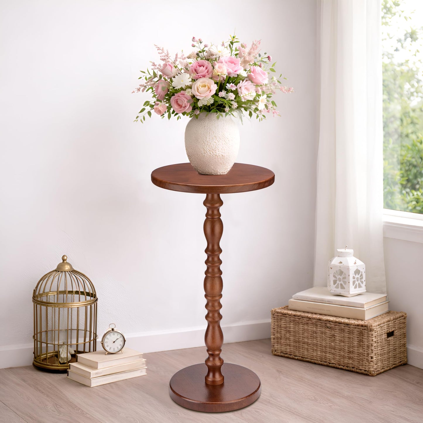 Junistra Solid Wood Round Side Table, Rustic Pedestal Drink Table for Small Spaces, Accent Nightstand Table for Living Room, Bedroom, Corners, and Office, Brown