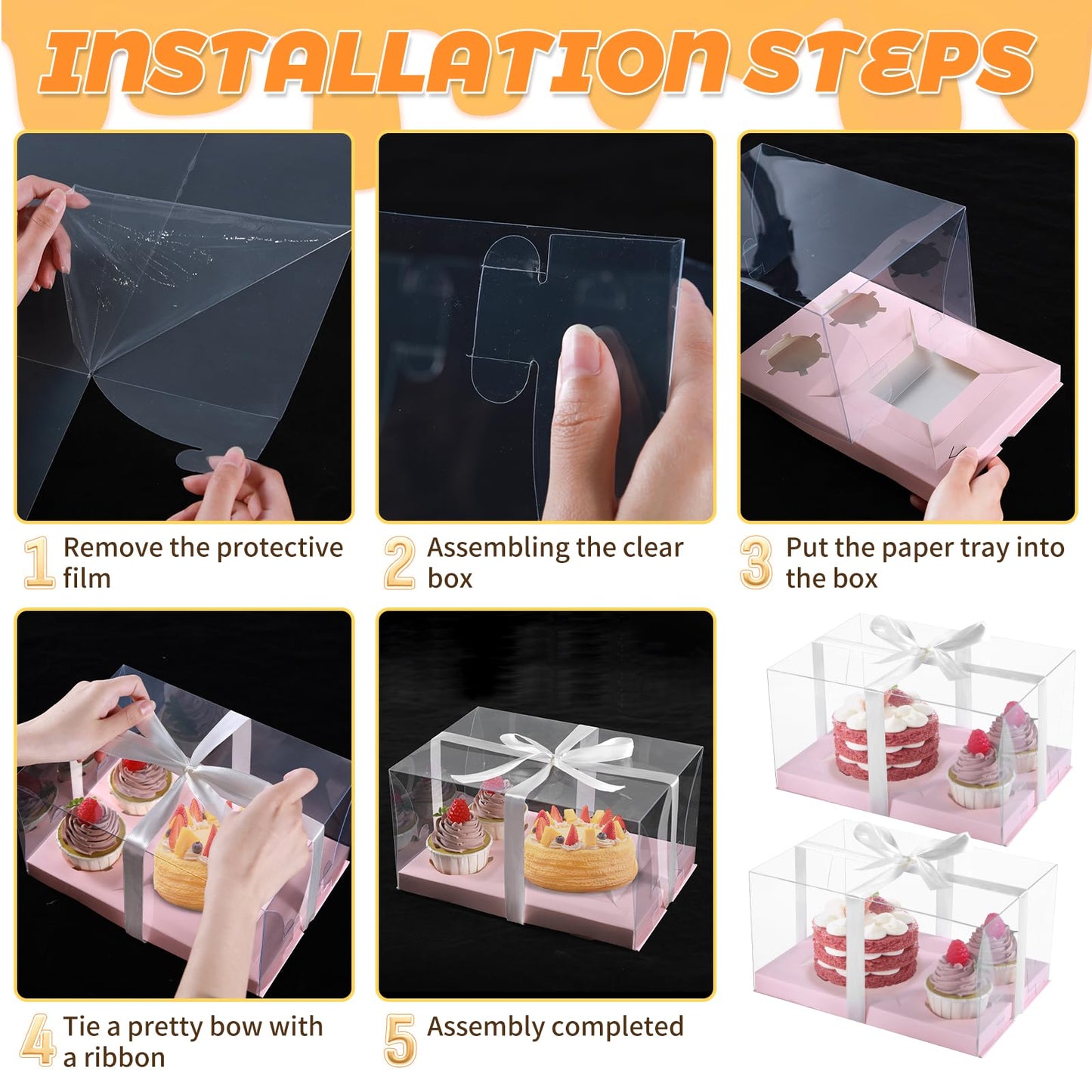3Pcs Pink Bento Cake Cupcake Combo Boxes Valentine's Day 1+2 Bento Box with Clear Lid 2 Holes Pastry Sweets Cake Cupcake Combo Box Baking Supplies for Valentine Wedding Birthday Party(Pink 1+2/3Pcs)