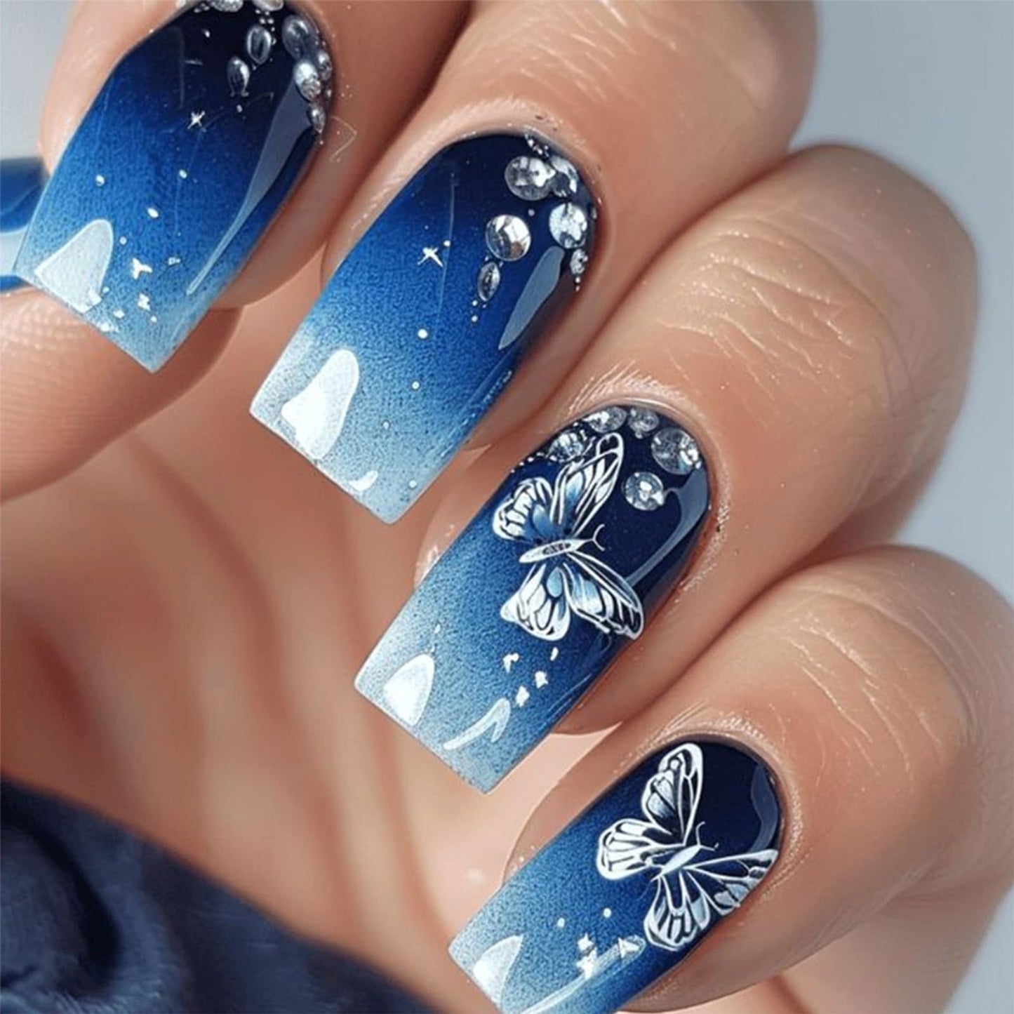 Gradient Blue Press on Nails Medium Square Fake Nails with Butterfly Designs Spring False Nails Rhinestones Acrylic Nails Glossy Glue on Nails Full Cover Stick on Nails for Women 24Pcs