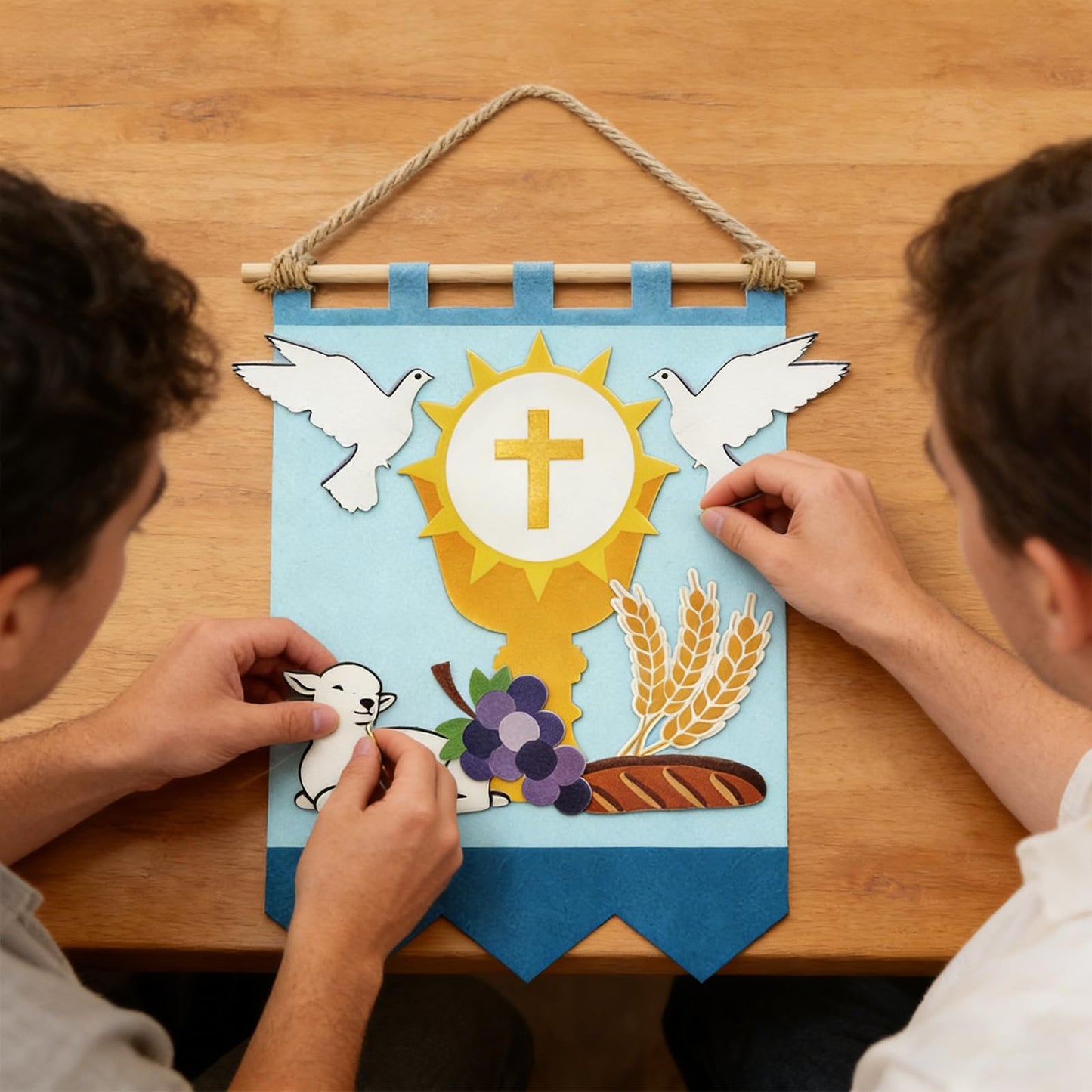 Zaruatu First Communion Banner Kit 11 x 15.74 Inch First Holy Communion Banner Kits Felt DIY Decor Set Include White Dove Communions Cup Lamb Grape Skewers for Church Sunday School (Blue)