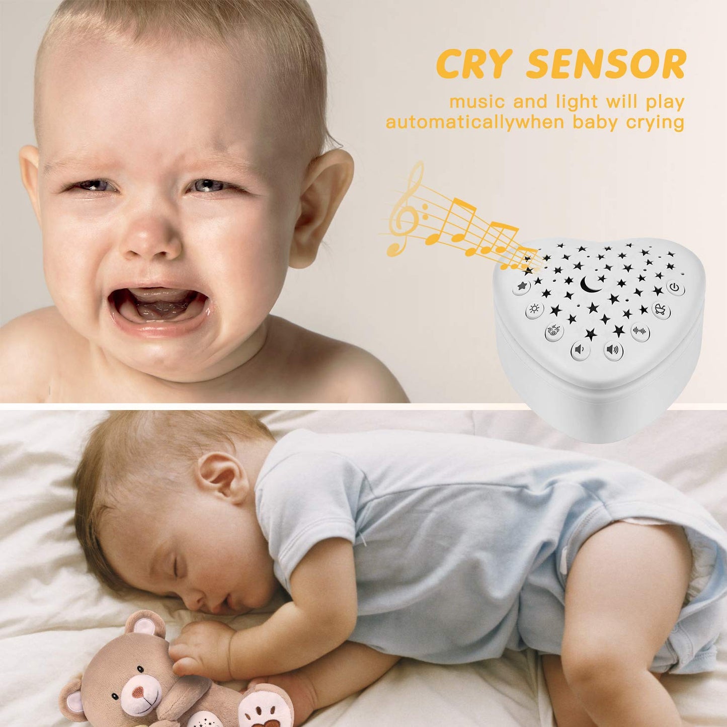 BEREST Baby Sleep Solutions Bundle: A13 White Noise Machine (15 Soothing Sounds, Cry Sensor) & Rechargeable Sleep Soother Bear (Mom's Heartbeat, Lullabies) with Night Light Projector for Nursery | Bab