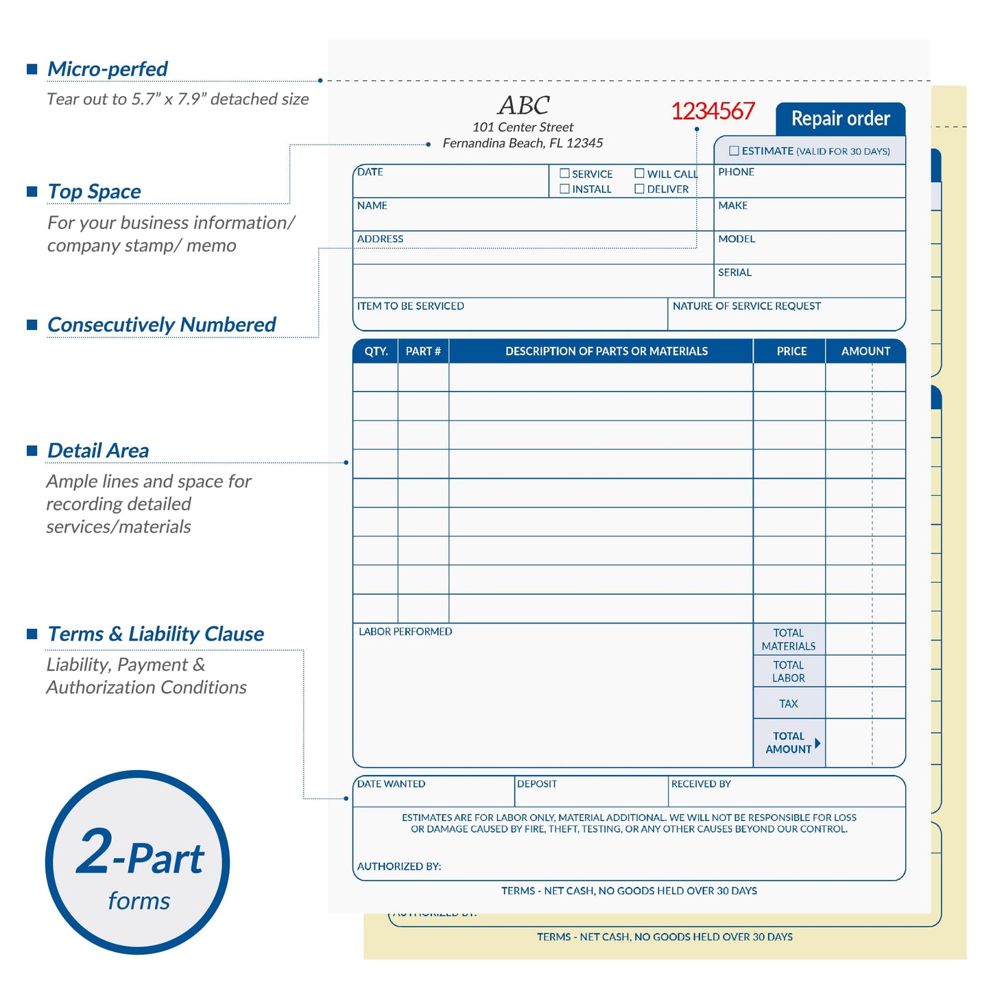 Harfesto Repair Order Book, 2 Part Carbonless Job Work Order Forms - White/Yellow, 5-7/10 x 8-1/4 Inches, Invoice Receipt Book for Small Business, Consecutively Numbered, 100 Sets (2 Packs)
