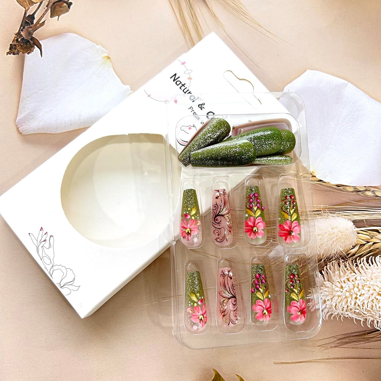 TBRZTR Flower Press on Nails Long Length Full Cover Glossy Green Stick on Nail Floral Pearl Design Ballet Shaped Gradient False Nails Reusable Artifical Acrylic Press Ons Glue on Nail for Women 24Pcs