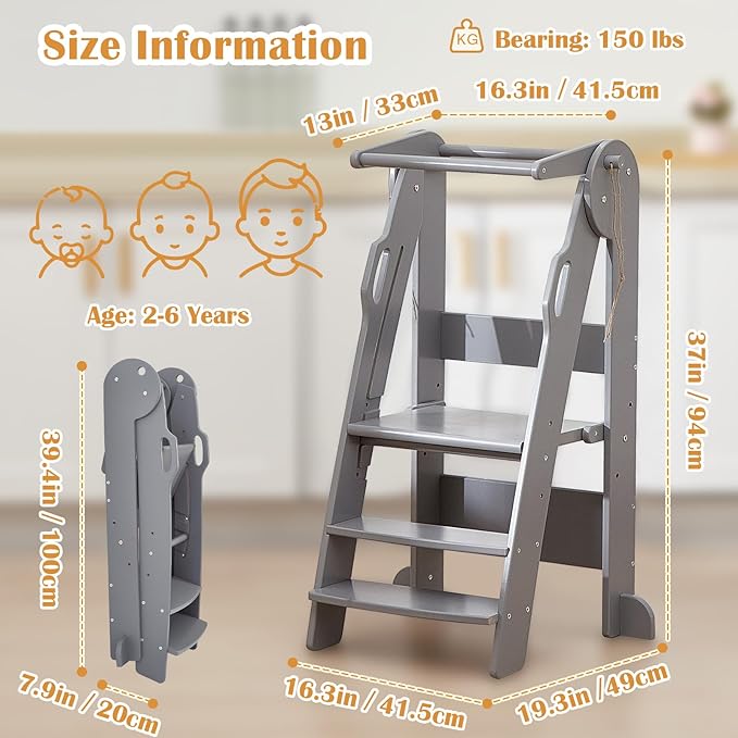 FUNLIO Foldable Kitchen Step Stool for Kids 2-6 Years, Montessori Step Stool, 3-Level Height Adjustable Standing Tower, Easy to Assemble, CPC & CE,Grey