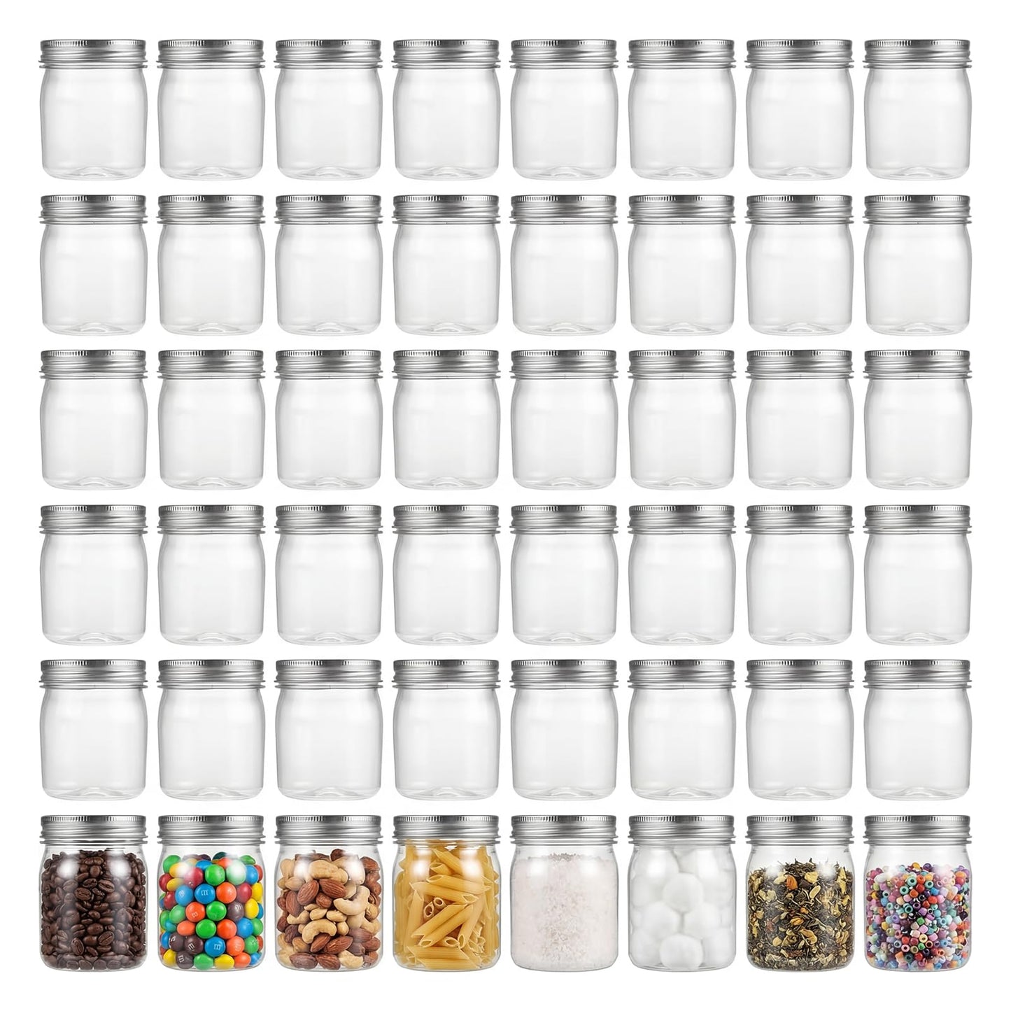 novelinks 8 oz Clear Plastic Mason Jars with Lids, 48 Pack Small Plastic Containers with Lids 8oz, Slime Containers with Lids & Spice Jars for Kitchen Organization (48 Pack,Silver)