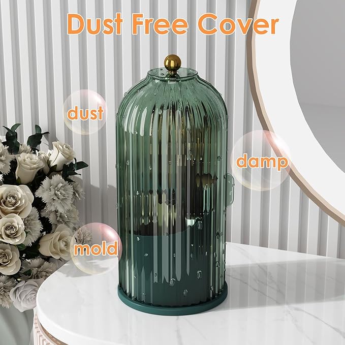 Makeup Brush Holder with Lid 360 Rotating Clear Dustproof Make Up Organizers for Vanity Bathroom Countertop, Green