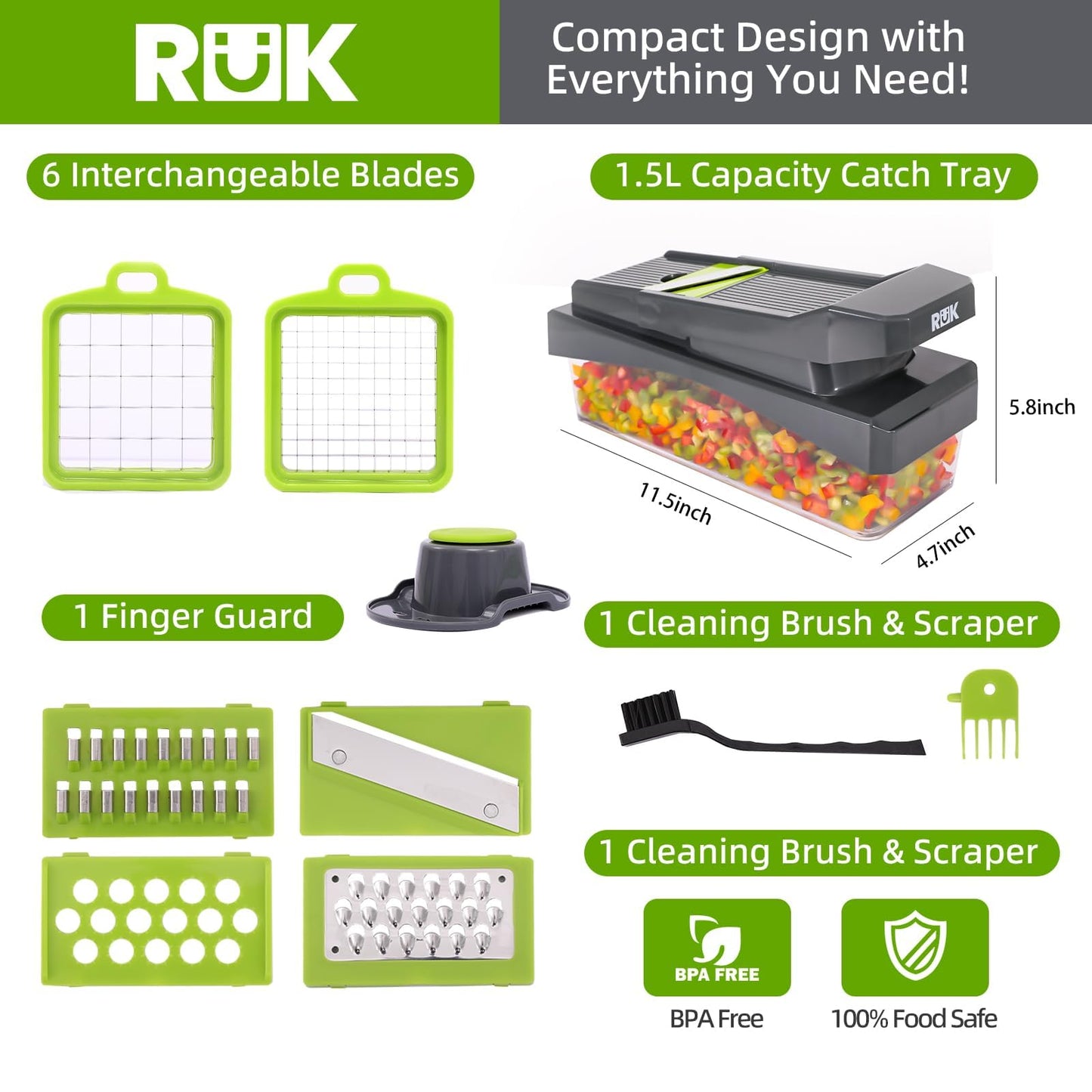 RüK 10-in-1 Vegetable Chopper – 6 Blade Veggie Chopper with Container, Food Dicer, Onion Cutter, Cheese Grater, Mandoline Slicer, Kitchen Gadgets & Home Essentials (Gray)