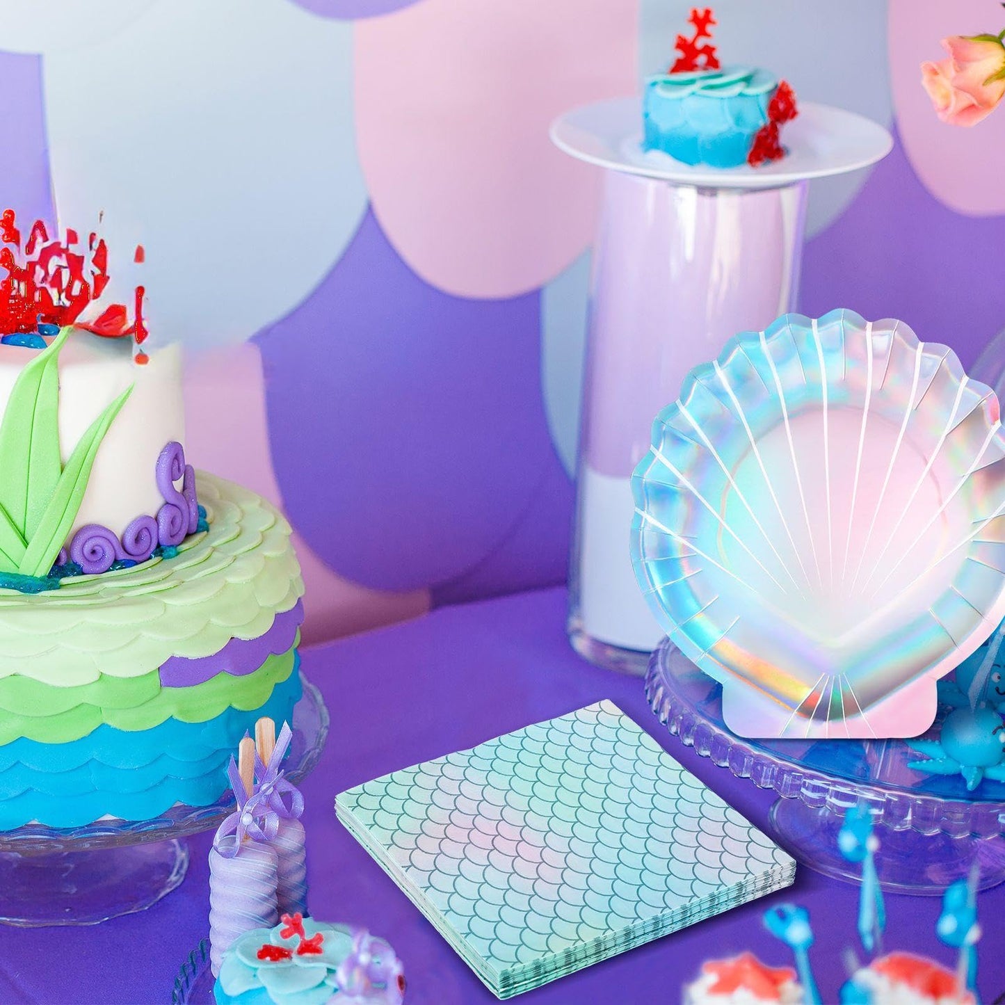 Gersoniel 40 Pcs Iridescent Mermaid Party Supplies Set, 20 Clam Shell Plates and 20 Scales Napkins Mermaid Party Decorations Disposable Paper Plates and Napkins Seashell for Birthday (Shell)