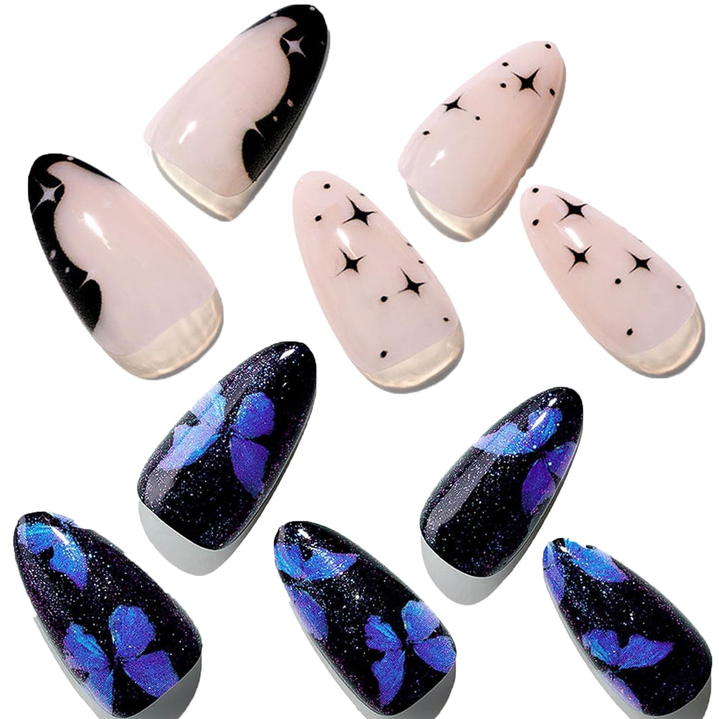 GLAMERMAID Press on Nails Almond，Gothic Blue and Nude Glue on Nails Set,48 Pcs Glossy Short Press on Nails with Butterfly Design,False Nails for Women Girls Gift