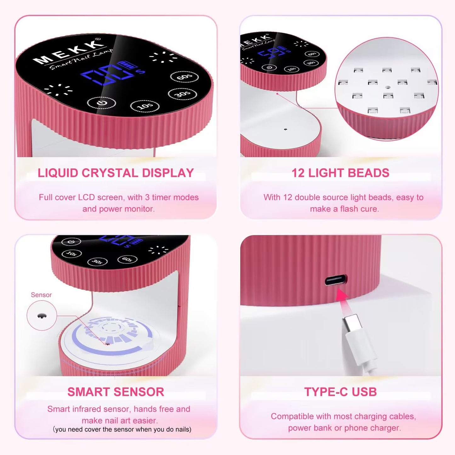 MEKK Cordless Mini UV Light for Gel Nails - 24W Rechargeable Mini UV LED Nail Lamp with Touch Control & Auto Sensor,Small Flash Cure Lamp,4 Timers,Portable Nail Light for Tavel & Home Use-Rose Pink