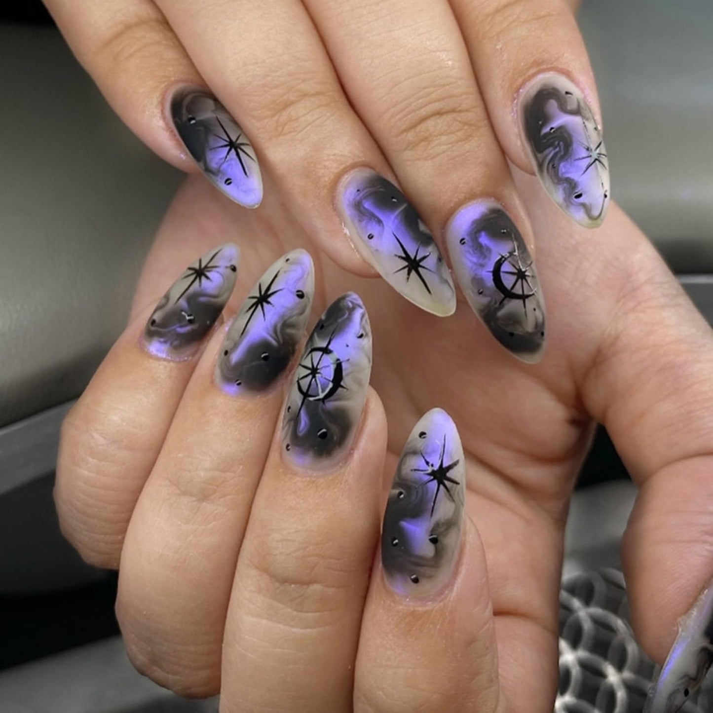 SEENEEY Almond Press On Nails 24pcs Purple, Black Artificial Nails with Designs, Full Cover Nail, Glossy Finish, Acrylic Material, Full Well Tips, False Nails