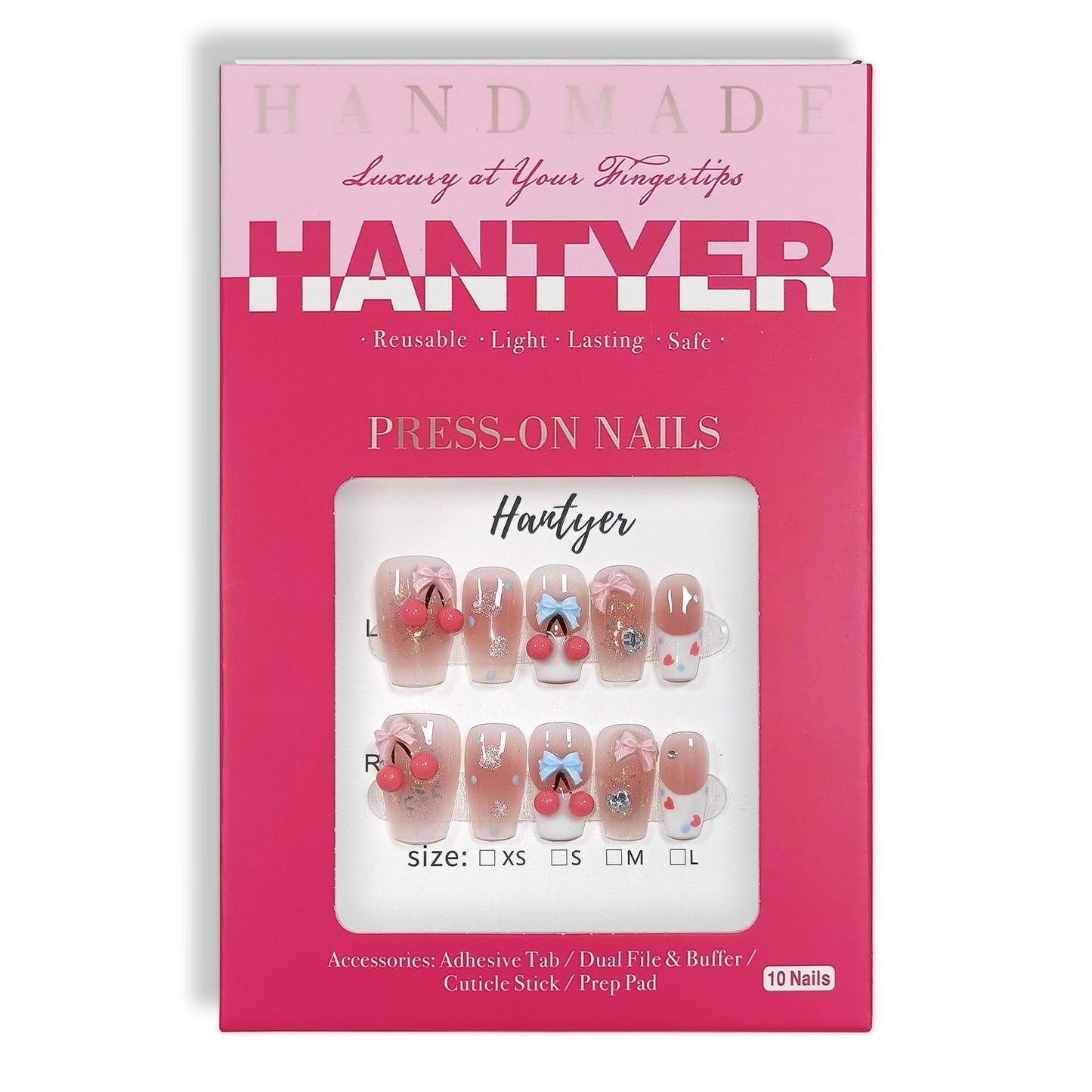 Hantyer 10pcs Sweet Style Press on Nails, Short Coffin Glossy Fake Nails, Pink French Tips with 3D Cherry & Bow Design, Reusable Easy to Apply False Nails for Women (Size M) ﻿