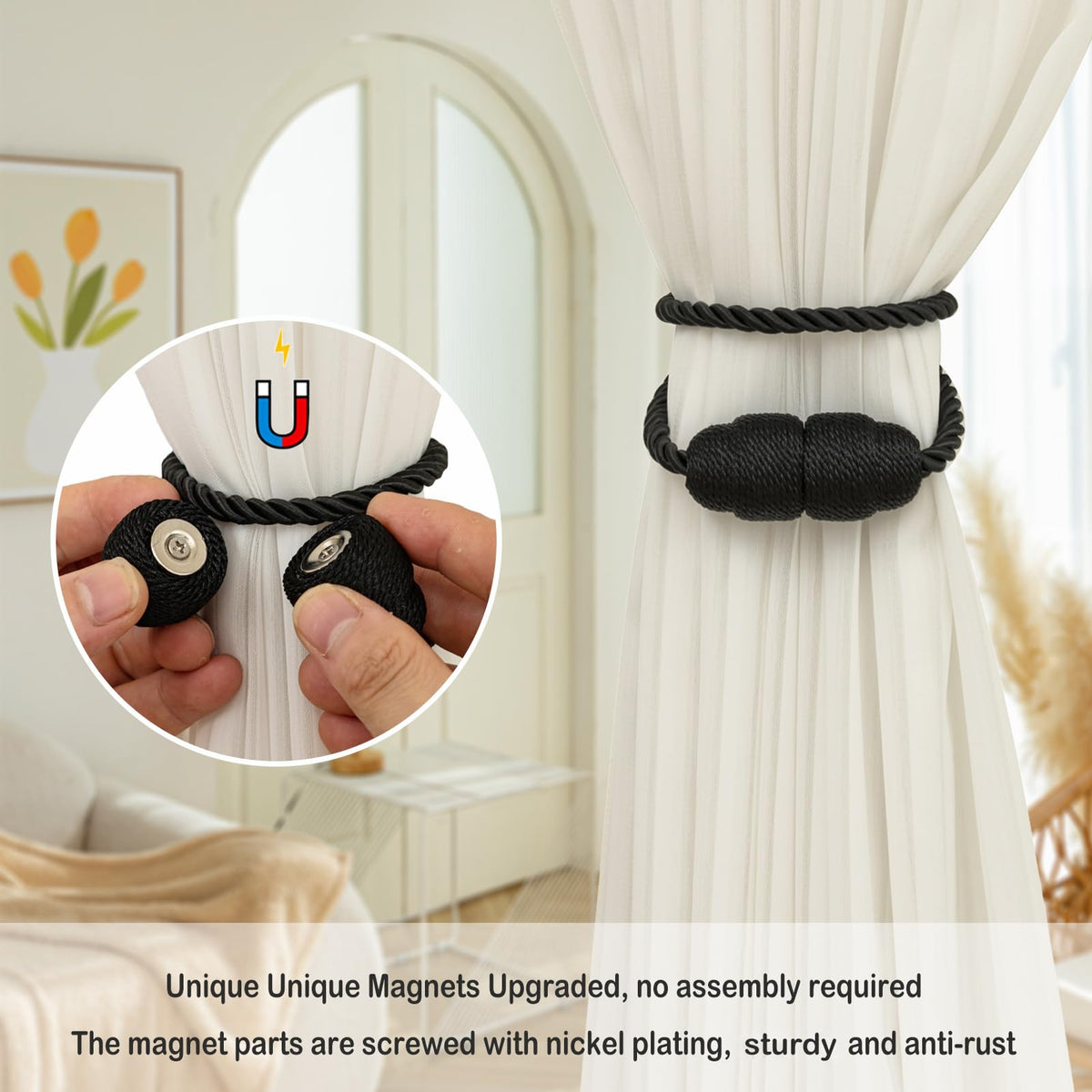 Magnetic Curtain Tiebacks Rope Curtain Tie Backs for Curtains 4 Pack Curtain Holders for Drapes Decorative Window Curtain Holdbacks