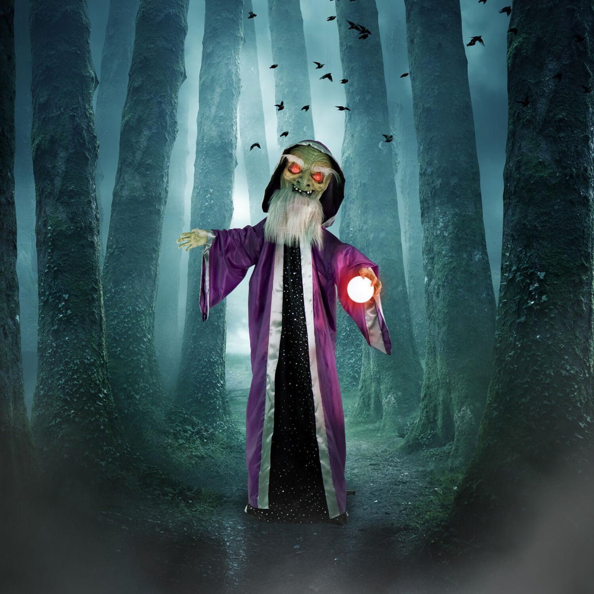Haunted Hill Farm Talking Wizard Halloween Animatronic with Movement and Light-Up Crystal Ball for Scary Indoor or Covered Outdoor Halloween Decorations, Battery Operated Halloween Prop