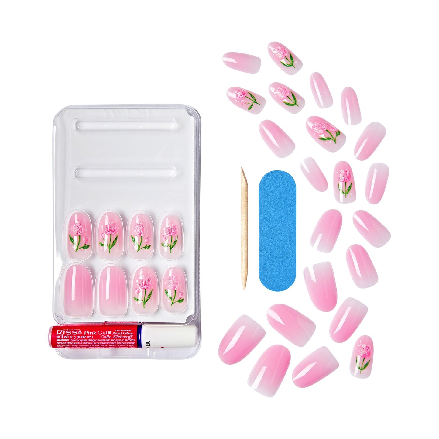 WICKED X KISS Press On Nails, ‘Bloom in Land’, Pink, Medium Oval, Waterproof, Chip Proof, Smudge Proof, 28 Fake Nails, Pink Gel Nail Glue (2g), Mini Nail File, & Manicure Stick