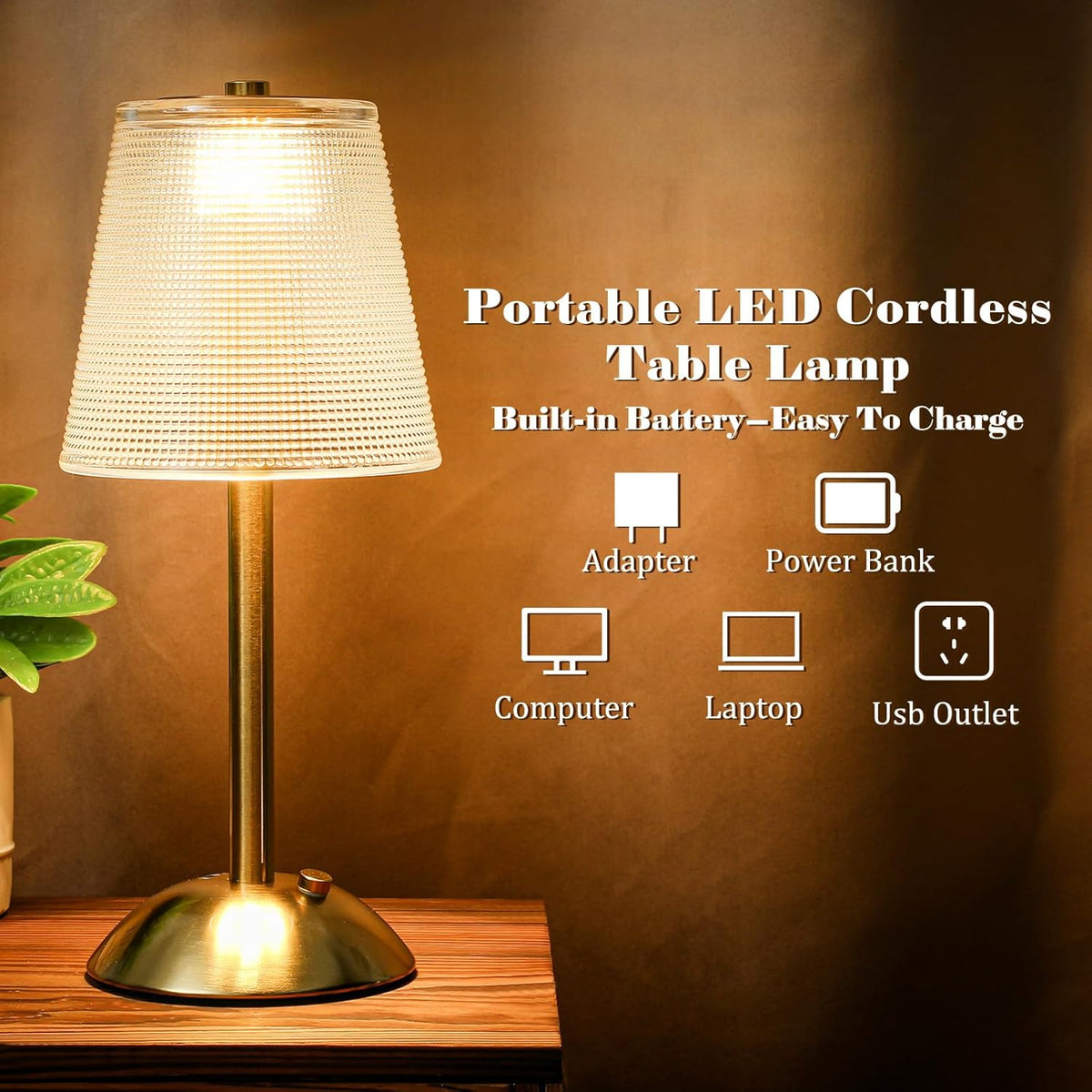 Liliful 2 Pcs LED Portable Cordless Table Lamp Touch Battery Operated Rechargeable Desk Lamp 3 Color Dimmable for Bedroom Living Room Dining (Retro Style,Gold)