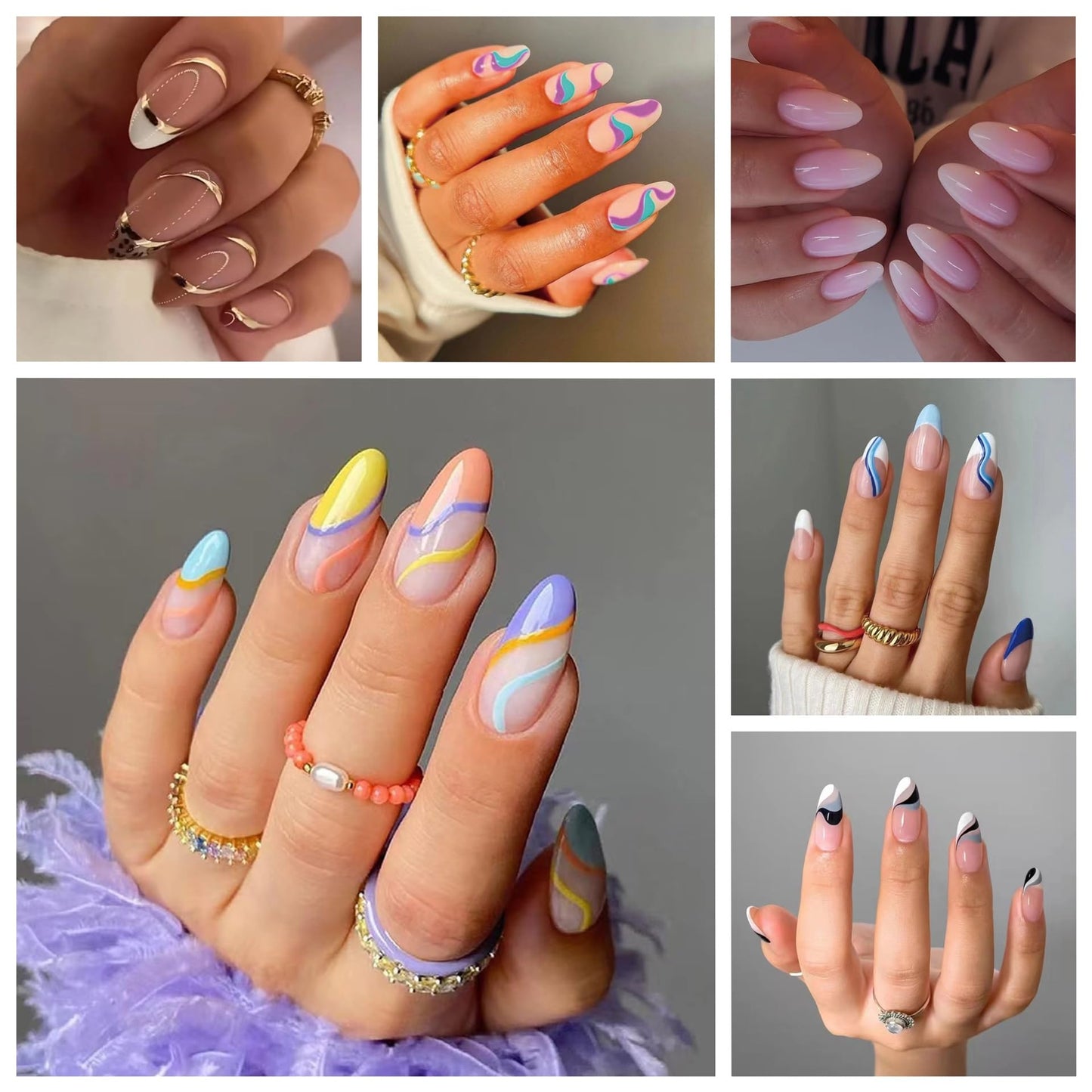 CTTHNBD 6 Pack Press on Nails - Almond, French Tip, Swirl, False, Gel - 144 Pcs, 12 Sizes, 6 Styles