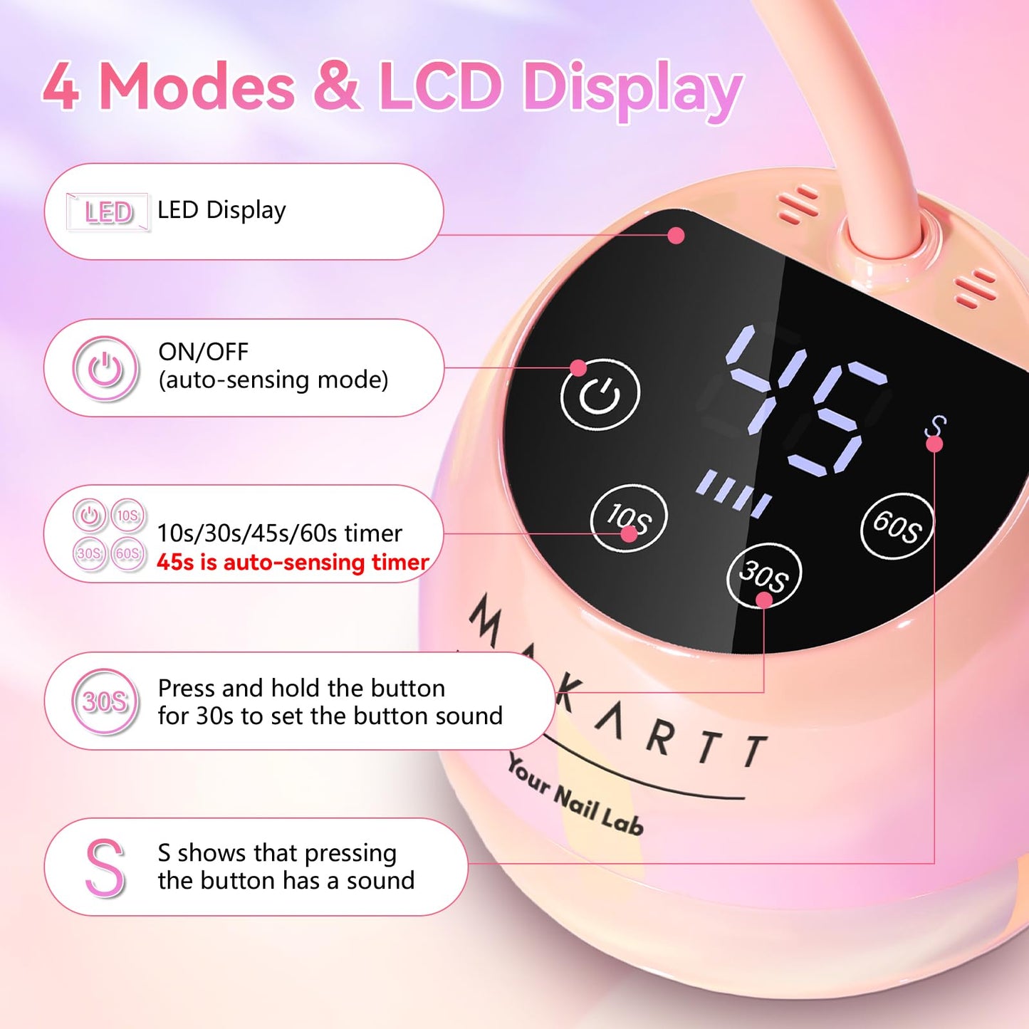 Makartt UV LED Nail Lamp - Gooseneck UV Light for Nails Cordless Rechargeable USB 39mW/cm² Dryer LED Lamp with Auto Sensor 4 Timer Settings Fast Curing for Nail Art Polish (Glazed Pink)