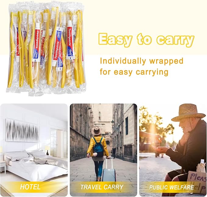 Disposable Toothbrushes with Toothpaste Pack of 20, Yellow Hollow Toothbrush with 10g Toothpaste Individually Wrapped Disposable Travel Toothbrushes Kit in Bulk for Homeless,Airbnb,Hotel,Charity