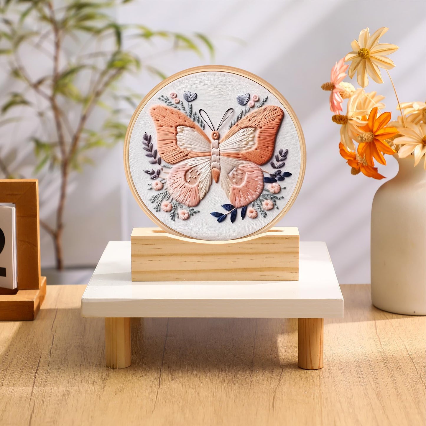 Chunful 6 Pcs Embroidery Hoop Display Stand Wooden Embroidery Frames Holder 2 Tier Groove Cross Stitch Hoop Stand Base Accessories for Display Works Home Exhibition Decor(5.31" X 1.3" X 1.5")