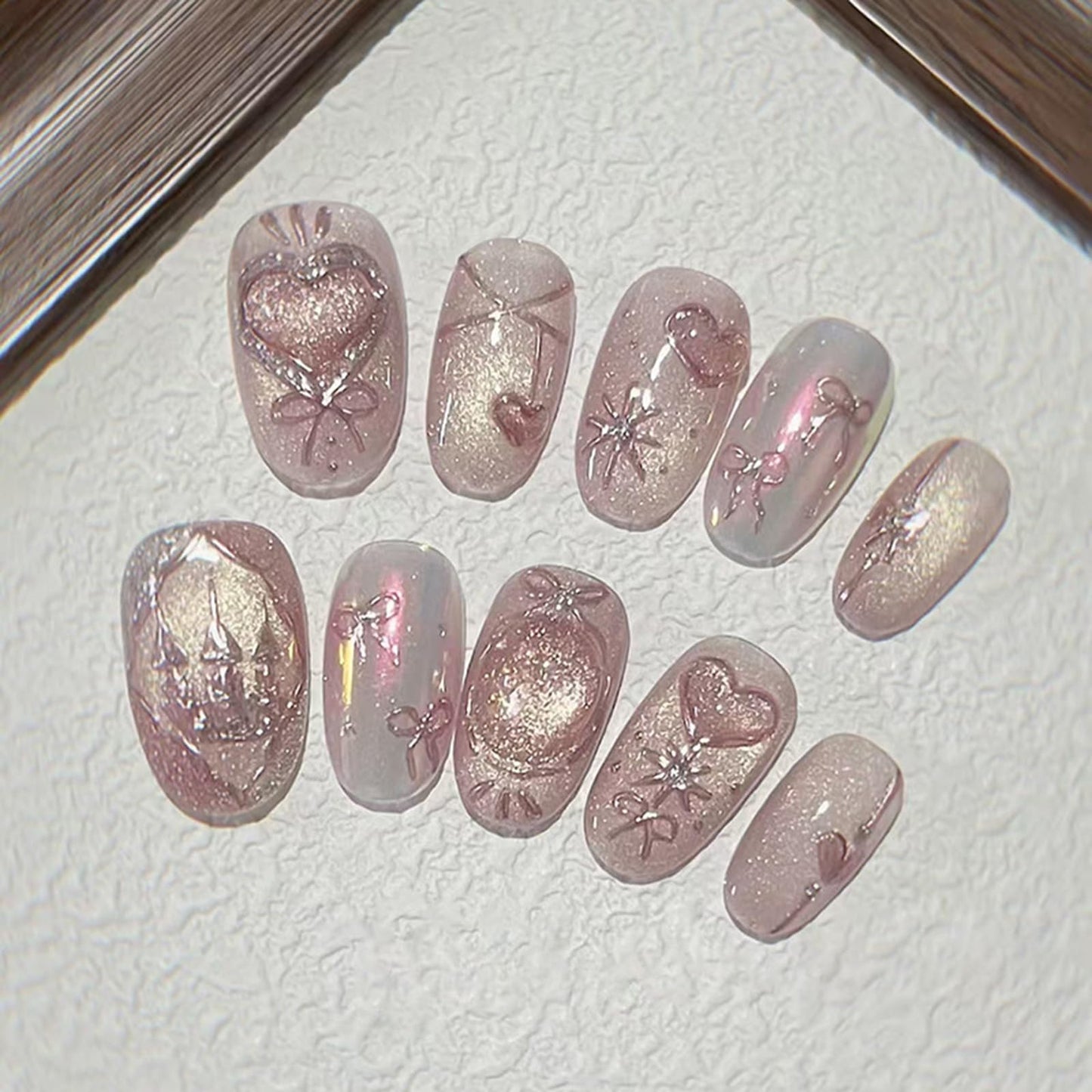 IMSOHOT Oval Press on Nails, Short Fake Nails, Pink Cat Eye 3D Sculpted Heart Bow Castle, 30 Pcs Reusable Glue on Nails for Women