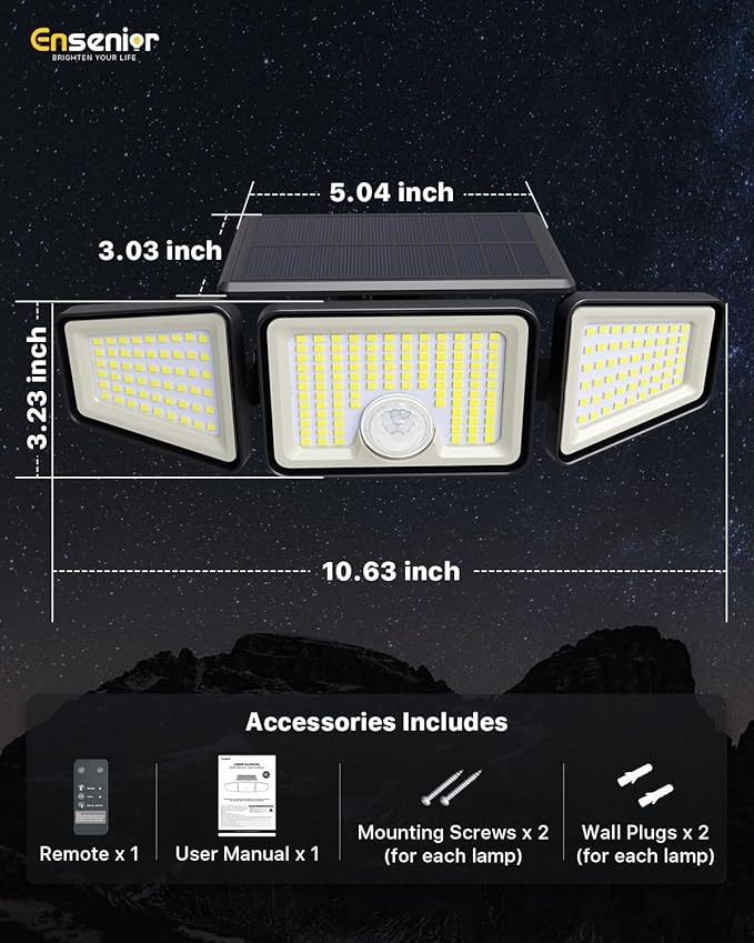 Ensenior Solar Lights Outdoor Motion Sensor, 2600LM 220 LED High Brightness, 3 Head 270° Wide Angle Flood Lights, Remote Control Security Lights 4 Modes, IP65 Waterproof Wireless Wall Light, 2 Pack
