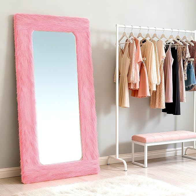 Fluffy Full Length Mirror Cover Universal Ultra Soft Non-Slip Border with Adhesive Tape Pink Fuzzy Frame Decor for Standing Mirror Bedroom Cloakroom Home Decor Women Gifts (pink, 59x16 inches)
