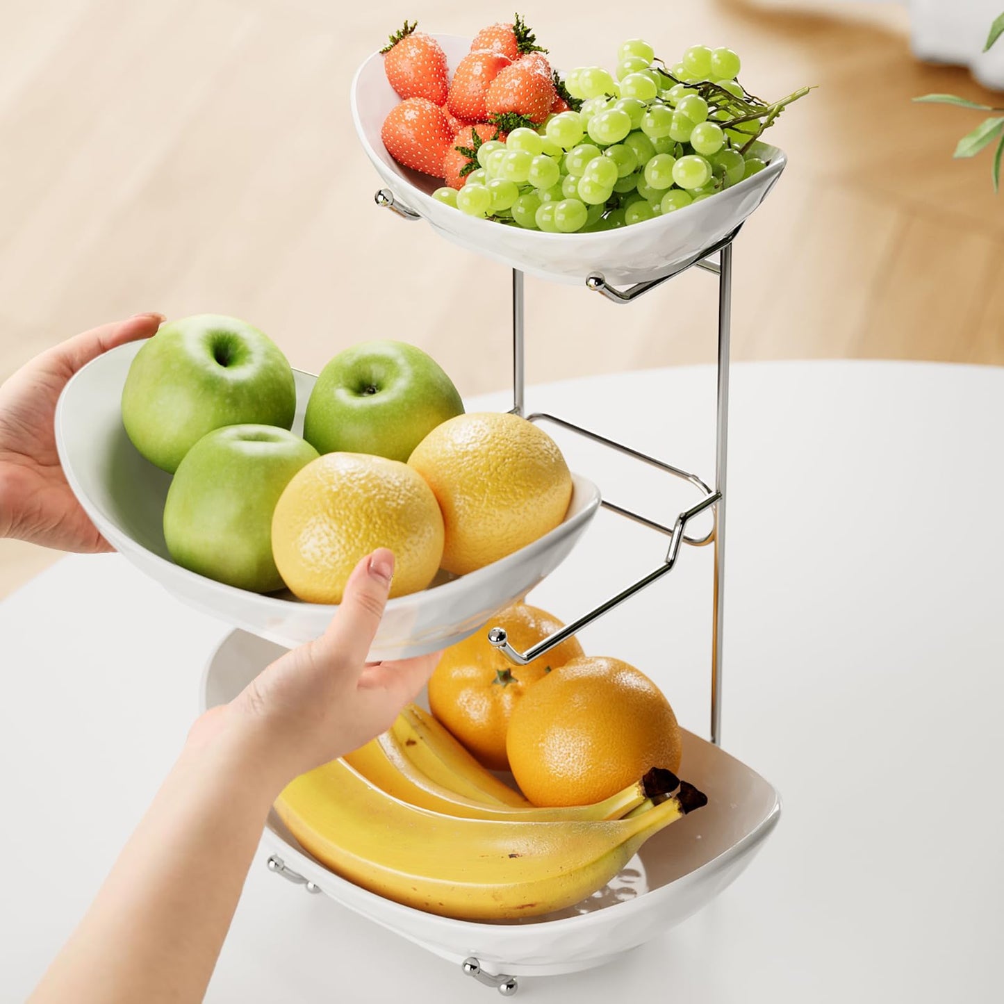 Acliys Fruit Bowl, 3 Tier Ceramic Fruit Basket, 3 Tier Serving Stand Serving Bowl with Metal Rack, Porcelain Kitchen Bowls for Fruit Vegetable Snack Nuts Dessert Cake Tray for Party Wedding