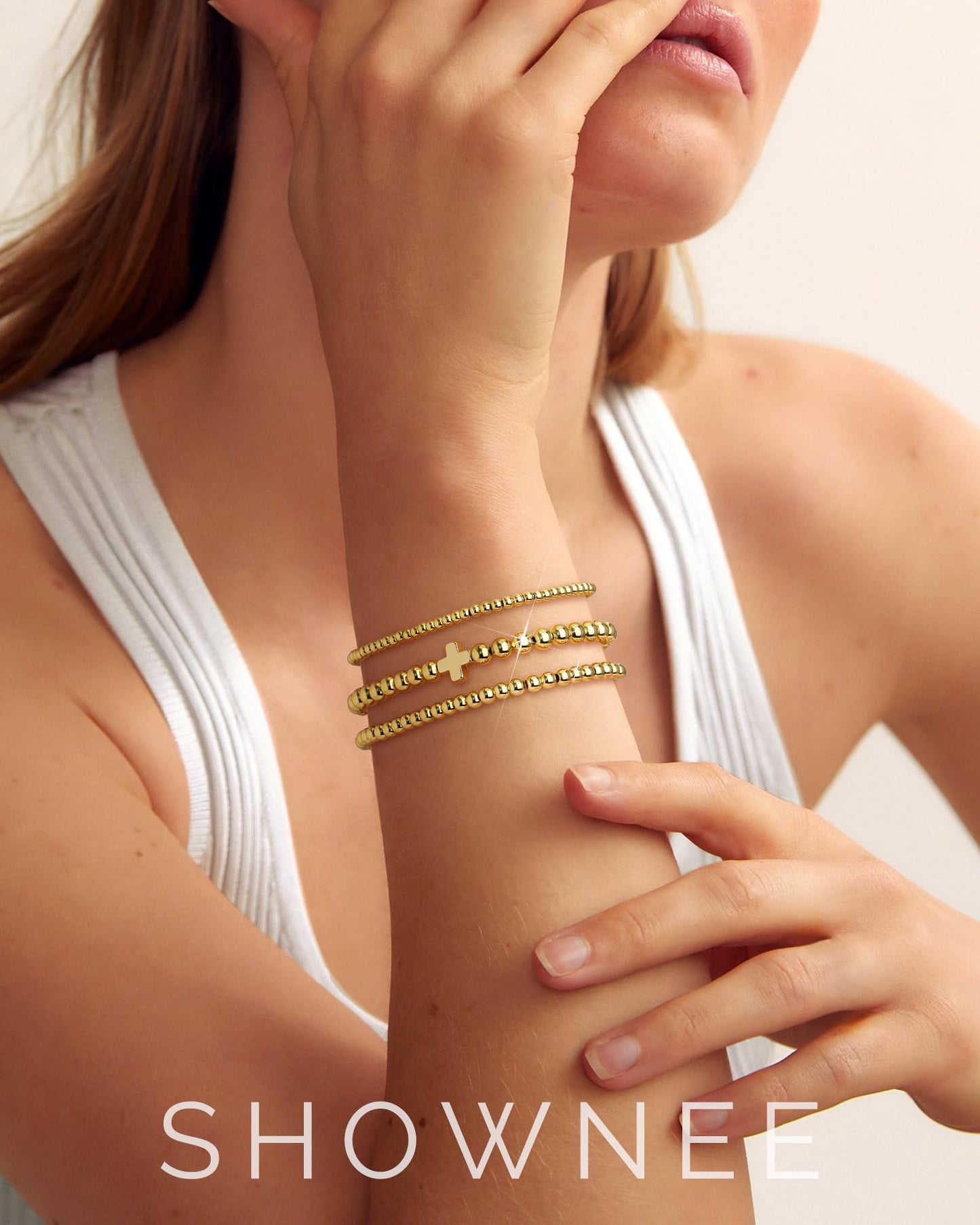 shownee Gold Bracelets for Women - 18K Gold Beaded Bracelets Stack Strand Bead Ball Bracelet No Tarnish Stackable Jewelry Set for Mother's Day Birthday 6.8 inch Small Graduation Gift for Her