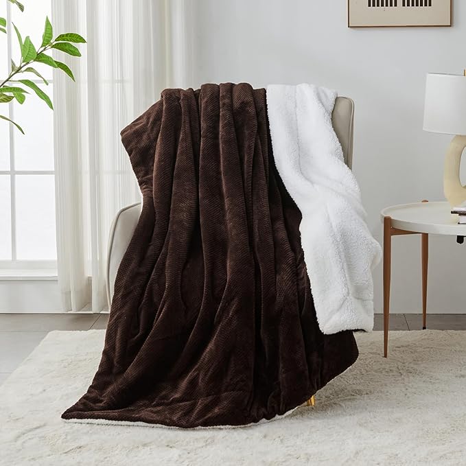 SOCHOW Waffle Sherpa Fleece Throw Blanket, Super Soft Fuzzy Warm, Lightweight Fluffy Reversible Plush Blanket for Bed Sofa Couch, 60 x 80 Inches Brown