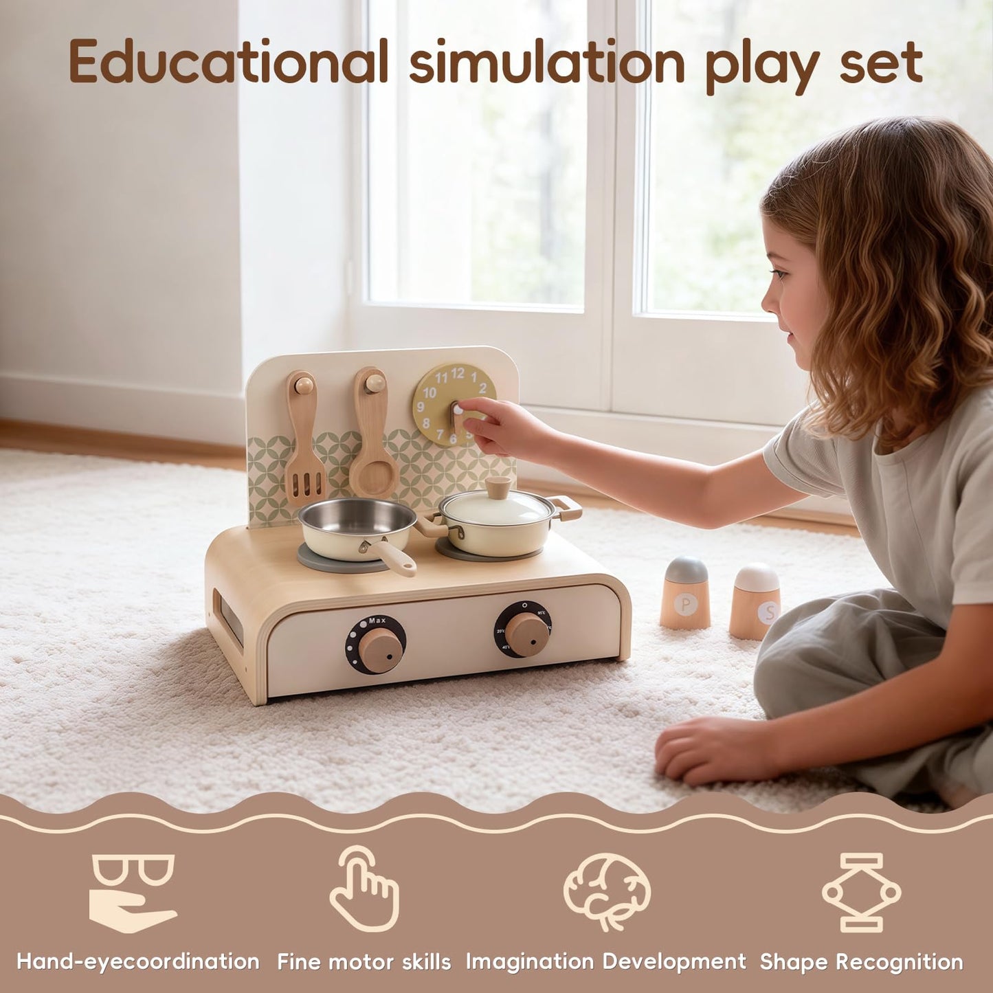 Freniland Wooden Play Kitchen for Kids – Tabletop Pretend Play Kitchen Set with Turning Knobs, Pot & Spatula – Mini Toddler Kitchen Playset for Boys & Girls Age 3+