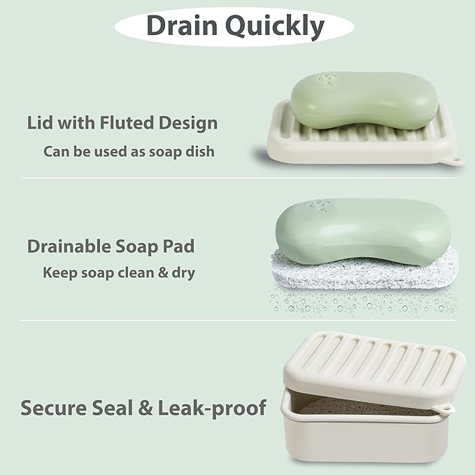 Portable Leakproof Travel Soap Case, Silicone Travel Soap Case, Compact Soap Holder with Drainage Layer, Travel Soap Holder for Camping, Gym, Outdoor (Rice-White)
